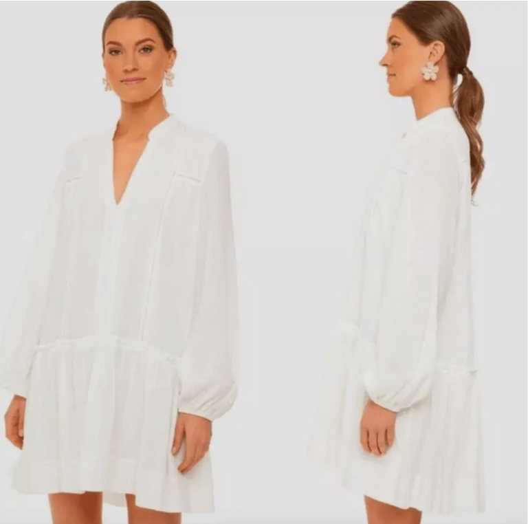 Pomander Place NEW White Gauze Beaded Long Puff Sleeve V-Neck Mini Dress Size S